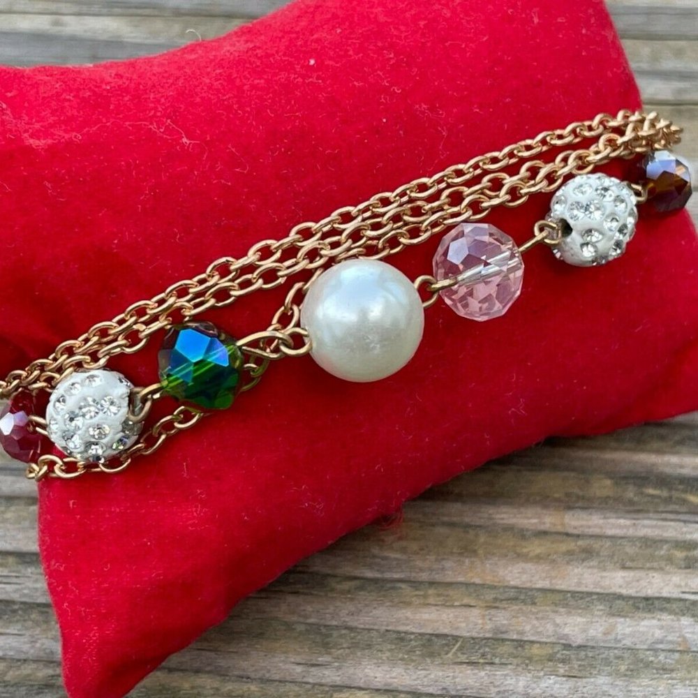 Women Bracelet Fashion Jewelry Faux Pearl and Beads Multi Color Gold Tone Chain